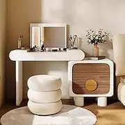 Makeup Vanity Table,Makeup Table Set with Mirror and Stool,Flip-top Dressing Table with 3 Drawers,Fluted Vanity Table for Women(White+Walnut,Without Stool)