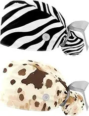 [YTYVAGT] 2-Pc,Nurse Scrub Caps,Scrub Hats with Buttons and Cotton Sweatband,Animal Stripe Zebra Print