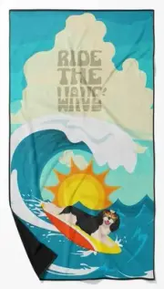 Surfer Dog Tricolor Cavalier Spaniel Premium Beach Towel Oversized Towel Beach