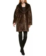 NWT Donna Karan Faux Fur Leopard Print Long Coat Size SMALL