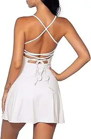[IDOPIP] Women's Tennis Dress with Integrated Bra and Shorts with Pockets Sexy Lace Up Backless Golf Athletic Sports Dresses, Pink