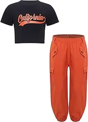 [FEESHOW] Girls Hip Hop Clothes Set Short Sleeve Sport Shirt with Cargo Pant Sport Clothes Set Jazz Outfits