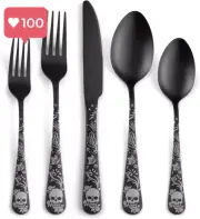 40 Piece Skull Pattern Matte Silverware Set for 8 – Black Flatware Set