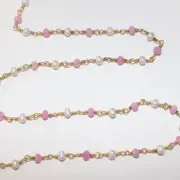 Handmade Freshwater Pearl & Fuchsia Chalcedony Rosary Chain, 24K Gold- Spiritual