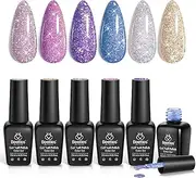 beetles Gel Polish Reflective Glitter Gel Nail Polish, 6 Colors Holographic Gel Polish Kit Sparkle Glitter Pink Gel Flash Dimond Sliver Gold Soak Off UV LED White Manicure Kit Valentine's