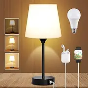 Clora Touch Control Bedside Table Lamp for Bedrooms Nightstand with USB C+A Charging Port 3 Way Dimmable LED Bulb Included Desk Lamp Fabric Shade Night lamp for Living Room/Study/Office/Dorm (White)