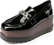 [CYBLING] Women's Platform Oxford Shoes Classic Chunky Patent Leather PU Square Toe Wedges Casual Lace Up Sneakers