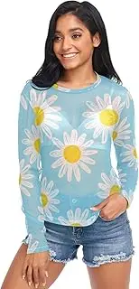 [RPLIFE] Daisies Light Blue Mesh Sleeves, Transparent Tops for Women Sexy S-XXL