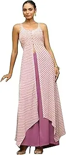 [Janasya] Indian Women's Peach Flowy Kurta Kurti Top Tunic Striped Asymmetric Casual Wear Kurta Set for Women