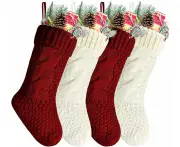 Knitted Christmas Stockings 4 Pack, White and Red Christmas Stockings Set 4, Family Xmas Stockings Christmas (Burgundy & Ivory)