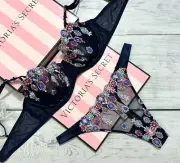 Victoria's Secret Dream Angels Demi Bra Thong 2 pcs Set embroidery Floral Blue