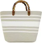 [Pocadri] Women Straw Large Tote Bag Retro Bamboo Handle Strip Beach Handbag Summer Woven Handmade Elegant Travel Purse