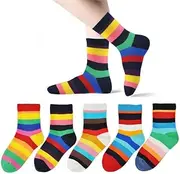 [Marchare] Girls Seamless Crew Cotton Socks Kids Casual Socks School Socks Rainbow Stripes 5 Pack