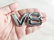 2 Metal V8 Badges, 3D Car Truck Badges, Silver