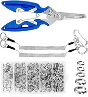 Yauhar 203Pcs [5 - Sizes] Heavy Duty Stainless Steel Split Fishing Rings with Fishing Pliers and Lanyard Wire Coiled Lanyard, Double Snap Loop Lure Connectors for Saltwater Freshwater