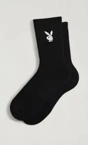 Playboy Bunny Black Crew Socks Embroidered Bunny OSFM New