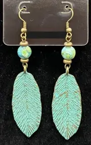 Verdigris Bronze Tone Leaf with Aqua & Green Agate Bead Earrings by Neanie-Bot
