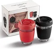 LIFEHIM Couple Coffee Cup with Lid: Set of 2 Travel Mugs 12 oz Glass Tumbler with Straw and Silicon Sleeve for Iced Coffee