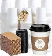 50 Pack Paper Coffee Cup with Black Lid and Kraft Sleeve. Coffee, Tea, Disposable Drink Cups for Hot/Cold. Take Away (8 oz)