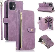 UEEBAI Case for iPhone 11 6.1 inch, 9 Card Slots Retro Leather Wallet Shockproof Flip Cover with Hand Strap Card Slots Zipper Pocket Kickstand Handbag Magnetic Closure - Retro Purple