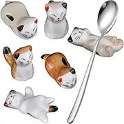 6 Pcs Set Cute Lucky Cat Ceramic Holder + Stainless Steel Spoon, Creative Cartoon Animal Chopstick Rest Fork Knife Holders