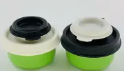 Tupperware Mini Salt & Pepper Shakers Green Bases 1 White 1 Black Lid New