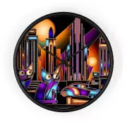 Home Decor Wall Clock Retro Style Cat Art Deco Cityscape Atomic Fun Pet Lover