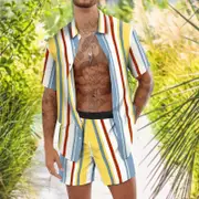 Fashion Personality Trend Stripe Print Hawaiian Vacation Two-Piece Set