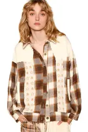 POL Plaid & Star Patchwork Contrast Long Sleeve Shacket