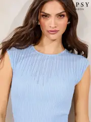 Lipsy Blue Sheer Yoke Metallic Sparkle Rib Short Sleeve Knit Top (AP6388) | $83