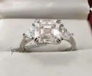 Asscher Cut 8 mm Moissanite Wedding Ring Three Stone Colorless Double Prong Set