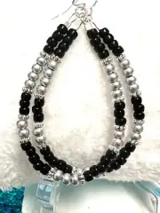Western Texas Black w Silver Sterling Silver Filled Teardrop Earrings 2 3/4 Inch