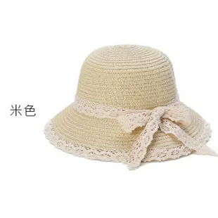 【OT SHOP】兒童帽子 紙草編織帽 遮陽帽 海灘帽 C5041(春夏潮流配件 米色 可愛緞帶蕾絲蝴蝶結 兒童帽)