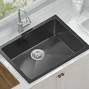 ALFORDSON Black Kitchen Sink, 304 Stainless Steel Sink, 600x 450x 220mm Water Basin Sinks with 3mm Thick Edge, Single Spacious Bowl with Waste Strainer, Dishwashing Workstation