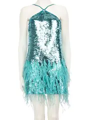Blue Sequin Ostrich Feather Trim Solina Dress