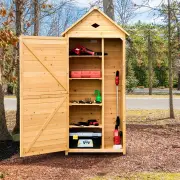 CostwayLockable Fir Wood Garden Tool Storage Cabinet with shelves for Garden