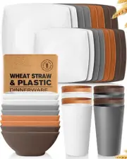 32-piece Plastic Wheat Straw Square Dinnerware Set for 8, Unbreakable Dinner