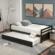 [Giantex] Wood Daybed with a Trundle, Twin Trundle Daybed with Durable Slat Support, Easy Assembly - No Box Spring Needed, Standard Twin Bed Sofa for Living Room Guest Room Children Room (Espresso)