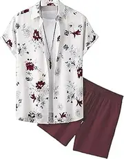 [Generic] Men's 2-piece Bohemian print button up short sleeved shirt and shorts set