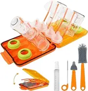Rrwin Bottle Brush Cleaner Kit with Baby Bottle Drying Rack, Exendable Silicone Bottle Brush, Nipple Brush, Straw Brush, Soap Dispenser & Storage Box. Compact Size for Babies and Moms,Orange