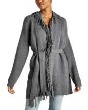 Splendid Cora Ribbed Fringe Trim Cardigan Women's M Gray Heather Belted Tie L/S