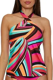 [Trina Turk] Women's Swoop Reversible High Neck Tankini, Adjustable, Tie Back, Swimsuit Tops