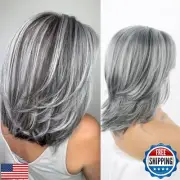 Aisaide Short Sliver Gray Ombre Highlight Layered Wig with Curtain Bangs Gray