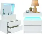 LED Nightstand Set of 2, White Bedside Table with High Gloss Drawers for Bedroom