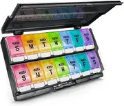 7 Day Pill Organizer (Twice-a-Day) - Remtise Am/Pm Daily Pill Case Medicine Organizer, Push Button Weekly Pill Box for Pills / Vitamin / Fish Oil / Supplements (Rainbow)