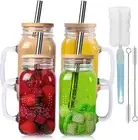 Yirilan 4 Pack 24Oz Mason Jar Cups with Lids and Straws, Mason Jars with Handle,