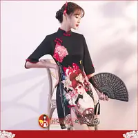 在飛比找樂天市場購物網優惠-復古中國風潮流印花短旗袍 經典改良式時尚修身超顯瘦性感前開衩