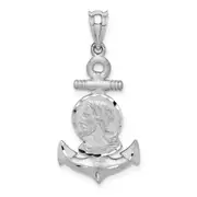 14k White Gold White Brushed & Diamond-cut Jesus Head Anchor Pendant
