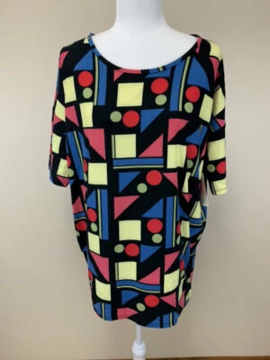 NWT Lularoe S Irma Tunic Shirt Top Black Red Blue Geometric Shape Super Soft