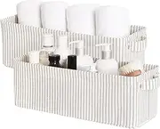 [StorageWorks] Narrow Storage Bins, Small Basket for Bathroom, Closet and Shelves, Fabric Organizer with Handles, Toilet Paper Storage, Gray and White Stripes, 2-Pack